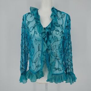 Vintage sheer turquoise beaded ruffle Cardigan Fairycore Mermaidcore Y2K